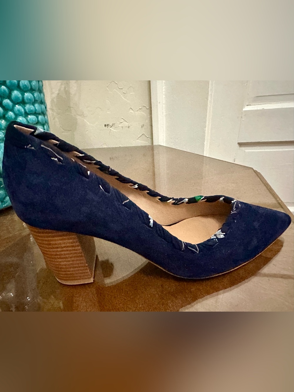 Anthropologie Suede Whipstitch Navy Blue Block Heel